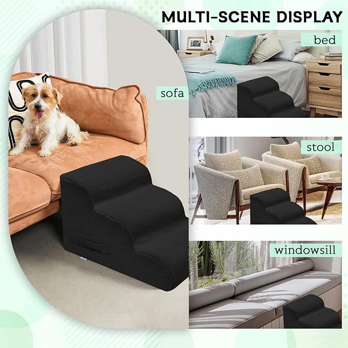 Dog Steps for Small Dogs, 3-Step Pet Ramp Stairs for High Beds and Sofa, Non-Slip Pet Stairs for Small Dogs and Cats, Removable and Easy to Clean Cover, Black-PawvioPets