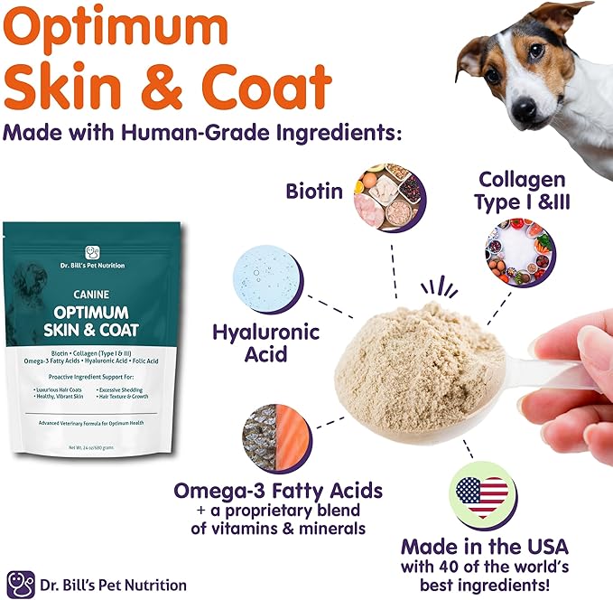 Dr. Bill's Canine Optimum Skin & Coat – Reduces Shedding, Itching, Dry Skin – Allergy Relief for Healthy Fur - Omega 3, Collagen, Biotin & Hyaluronic Acid – 680g Vet-Recommended Dog Supplement-PawvioPets