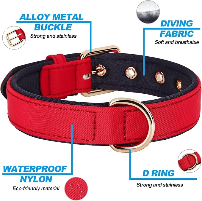Didog Soft Padded Dog Collars for Medium Dogs, Lightweight and Breathable Dog Collar with Metal Buckle, Red, L-PawvioPets