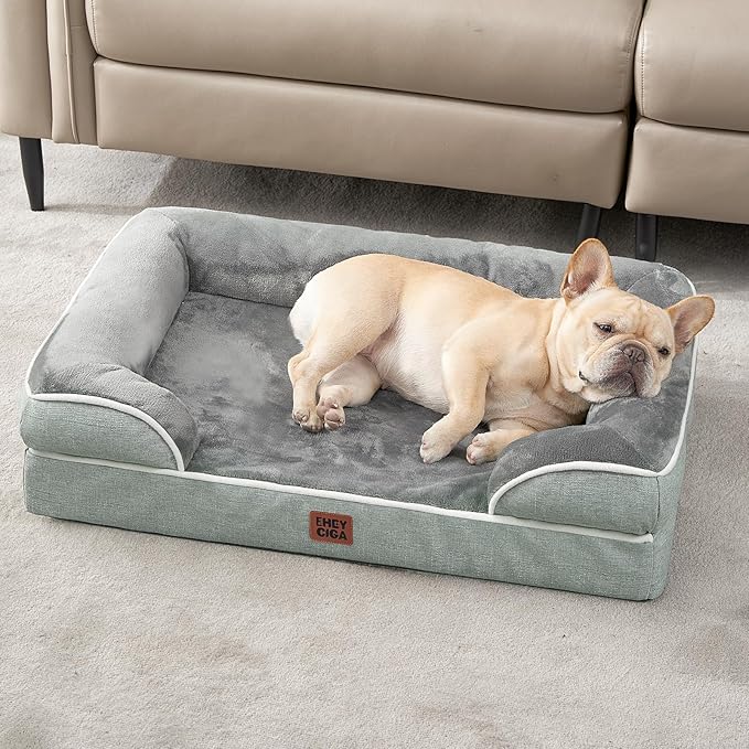 EHEYCIGA Orthopedic Dog Bed for Small Dogs, Waterproof Memory Foam Small Dog Beds with Sides, Non-Slip Bottom and Egg-Crate Foam Medium Pet Couch Bed with Washable Removable Cover, Greyish Green-PawvioPets