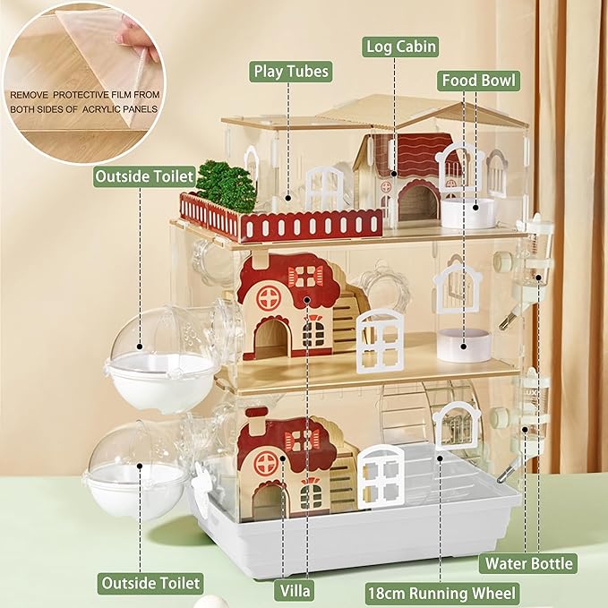 17 in 1 Clear Acrylic Hamster Cage with All Accessories,13.5''L* 10''W* 21''H Dwarf Hamster Cage,Magnetic Connection Small Hamster Enclosure,Garden Style Wooden Mouse Cage for Pet Mice(3-Layer,White)-PawvioPets