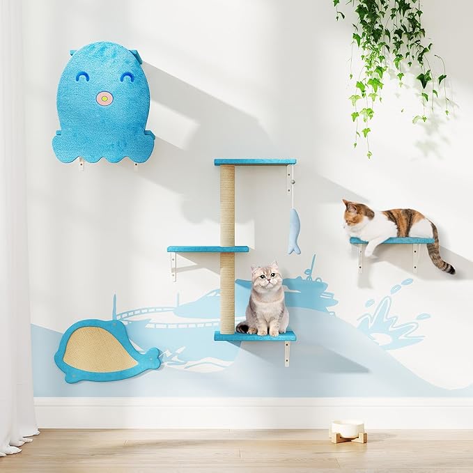 COZIWOW 4-Piece Wall-Mounted Cat Tree Set – Sturdy Wood Pet House, Scratching Board, Platforms, Sisal Posts & Blue Fish Charm – Ocean Blue-PawvioPets
