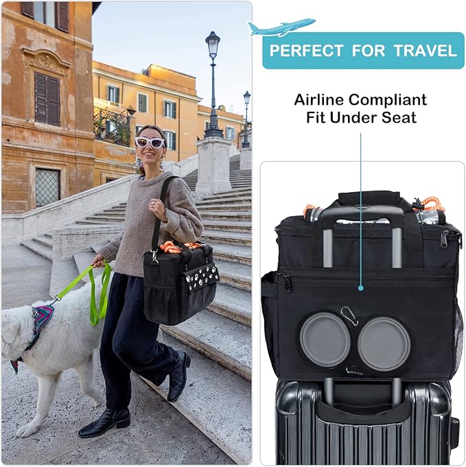Dog Travel Bag, Airline Approved Dogs Bags for Traveling, 2 Dog 's Food Travel Container and Collapsible Bowls, Weekend Pet Travel Bags-PawvioPets