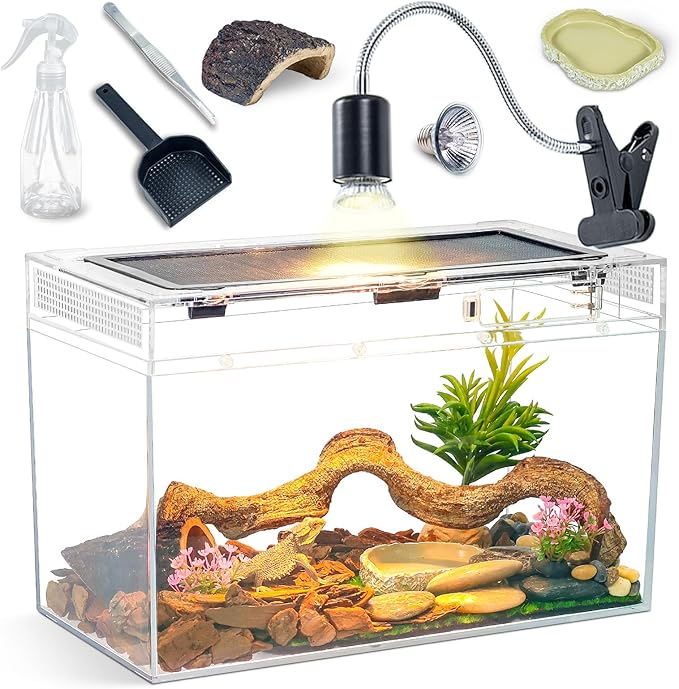 16×10×8'' Reptile Tank Kit with Heat Lamp, Spray Bottle, Shovel, Tweezers, Food Bowl, Hideout -Perfect for Geckos, Bearded Dragons, Snakes, Lizards, Turtles 360° Viewing, PC Glass-PawvioPets