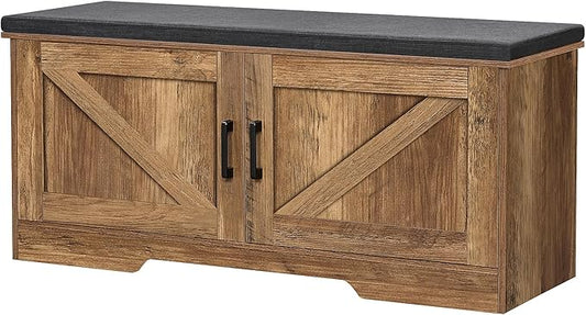 2-Tier Storage Bench, Shoe Bench with Padded Seat Cushion, Entryway Bench with 2 Barn Doors, Adjustable Shelf, 13.8" D x 39.4" W x 17.7" H, for Entryway, Living Room, Bedroom, Rustic Walnut-PawvioPets