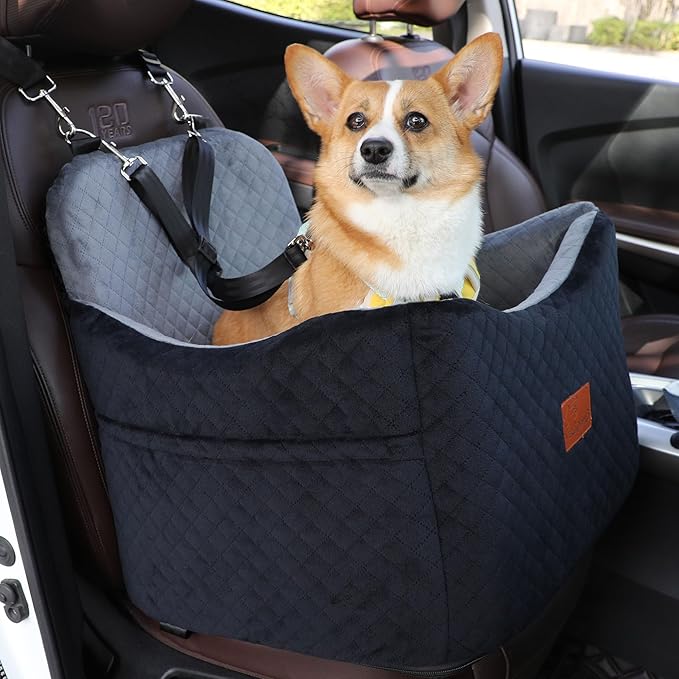 Dog Car Seat for Small Medium Dogs-Safety and Comfy Pet Booster Carseats with 2 Clip-On Satebelt & Storage Pockets,Washable and Detachable Puppy Car Seat for Dogs up to 30 lbs.(H-Black/Grey)-PawvioPets