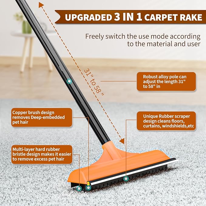 3 in 1 Carpet rake Kit for Pet Hair Removal Tool - Reusable Pet Hair Remover broom w 58"Adjustable Long Handle, Dog & Cat Carpet Scraper, Pet Hair Remover for Rugs, Mats, Couch, Curtains(Orange)-PawvioPets