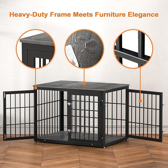 42 Inch Heavy Duty Dog Crate Furniture for Large and Medium Dogs, Decorative Pet House End Table, Wooden Cage Kennel Furniture Indoor, Gray-PawvioPets