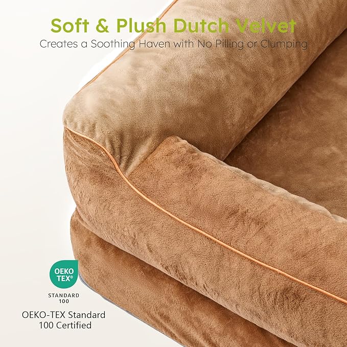 Dog Beds for Large Dogs, Orthopedic Dog Bed with Cooling Gel Memory Foam, Waterproof Large Pet Bed with Removable Washable Cover, 36" Pet Sofa Couch Dutch Velvet with Bone Toy, Brown-PawvioPets