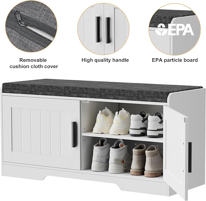 2-Tier Storage Bench, Shoe Bench with Thickened Padded Seat Cushion, Entryway Bench with 2 Doors, Adjustable Shelf, 13.8" D x 37.4" W x 18.5" H, for Entryway, Living Room, Bedroom, White-PawvioPets