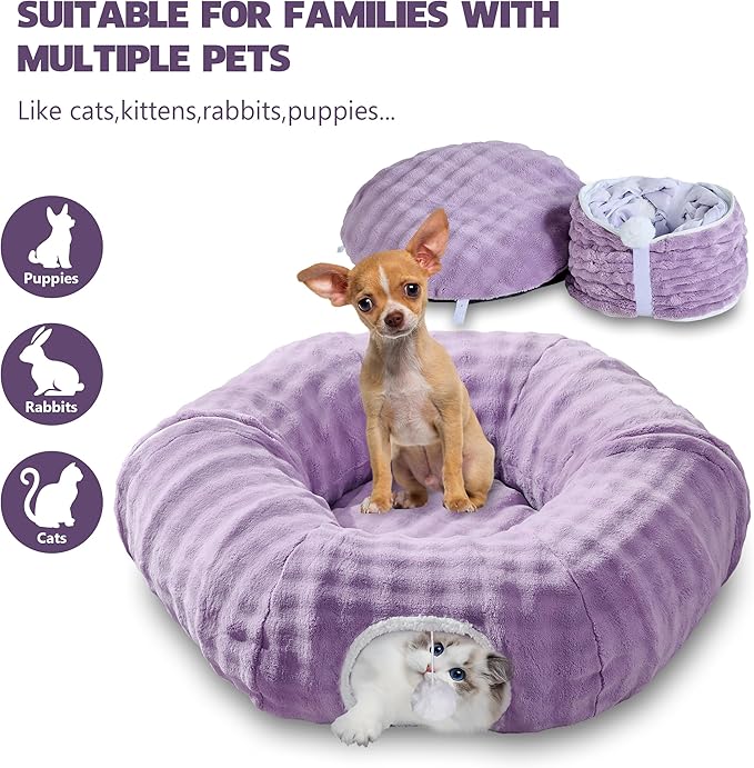 Bubble Cat Tunnel for Indoor Cats, Round Peekaboo Cave Toy with Dangling Balls, Donut Tunnel Bed with Circle Mat for Puppy Kitten Rabbit, Dusty Purple-PawvioPets