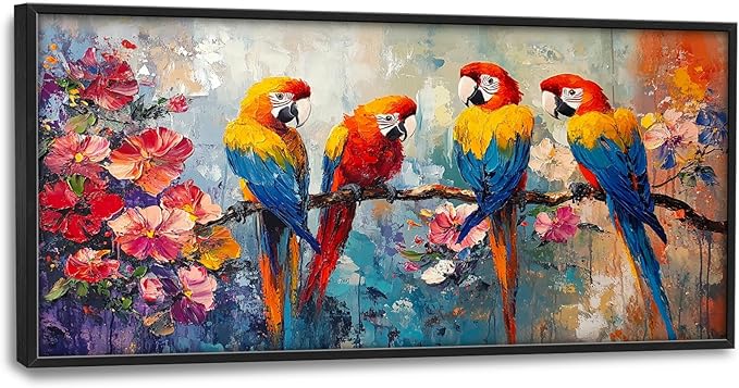 Extra Large Framed Parrot Bird Wall Art,Oversized Abstract Colorful Parrots Flower Wall Decor Pictures for Living Room,Canvas Print Painting Modern Artwork Bedroom Office Bathroom Home Decor 60L x30W-PawvioPets