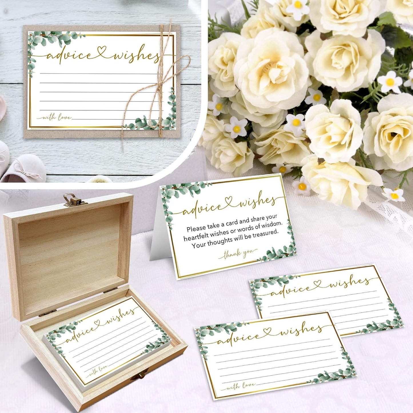 Advice and Wishes Cards Box, 50 Pcs Birthday Wedding Baby Shower Advice Cards, Well Wishes Box for Birthday Party Graduation Bridal Shower Retirement Party, Anniversary(Eucalyptus) -A06