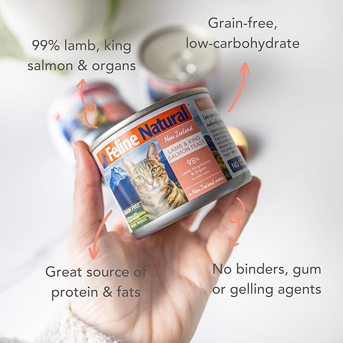 Feline Natural New Zealand Canned Catfood Wet Food, High-Meat, Low-Carb, & Grain Free Cat Food Wet, Lamb & Salmon Feast, 6 oz, Pack of 12-PawvioPets