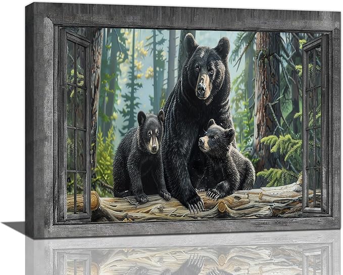 Black Bear Wall Art Forest Window Canvas Cabin Living Room Pictures Prints Animal Wall Decor Painting Artwork for Bedroom Dining Office Home 16"x12"-PawvioPets
