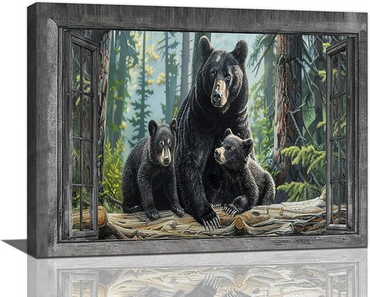 Black Bear Wall Art Forest Window Canvas Cabin Living Room Pictures Prints Animal Wall Decor Painting Artwork for Bedroom Dining Office Home 16"x12"-PawvioPets