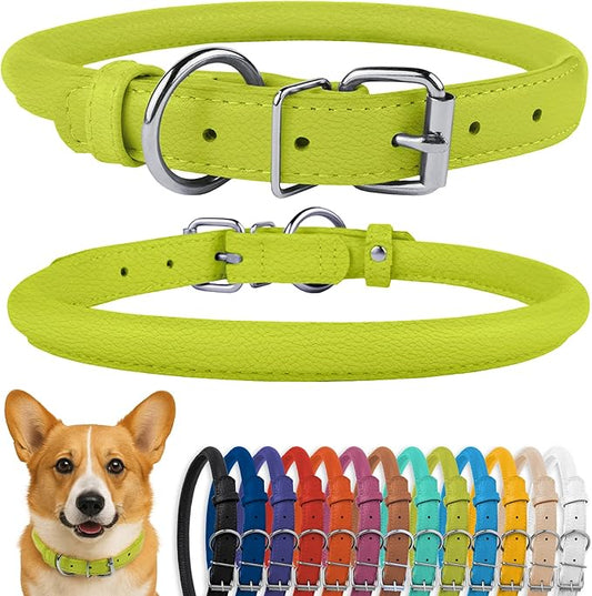 CollarDirect Rolled Leather Dog Collar, Soft Padded Round Puppy Collar, Handmade Genuine Leather Collar Dog Small Large Cat Collars 13 Colors (13-16 Inch, Lime Green Textured)-PawvioPets