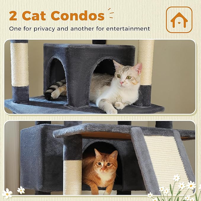 81 Inch Tall Cat Tree for Big Cats & Multi-Cat Homes, Large Heavy Duty Cat Tower with Metal Frame Hammock, 6 Scratching Posts, 2 Condos, 2 Perches, Scratching Pad - Dark Grey-PawvioPets