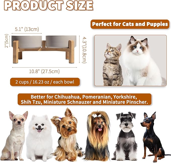 Elevated Ceramic Dog Bowl Set - Raised Feeding Bowls with Non-Slip Bamboo Stand - Small Pet Dishes for Food and Water - Ideal for Cats and Puppies - 16.23 OZ - 2 Cups - 480 ML-PawvioPets