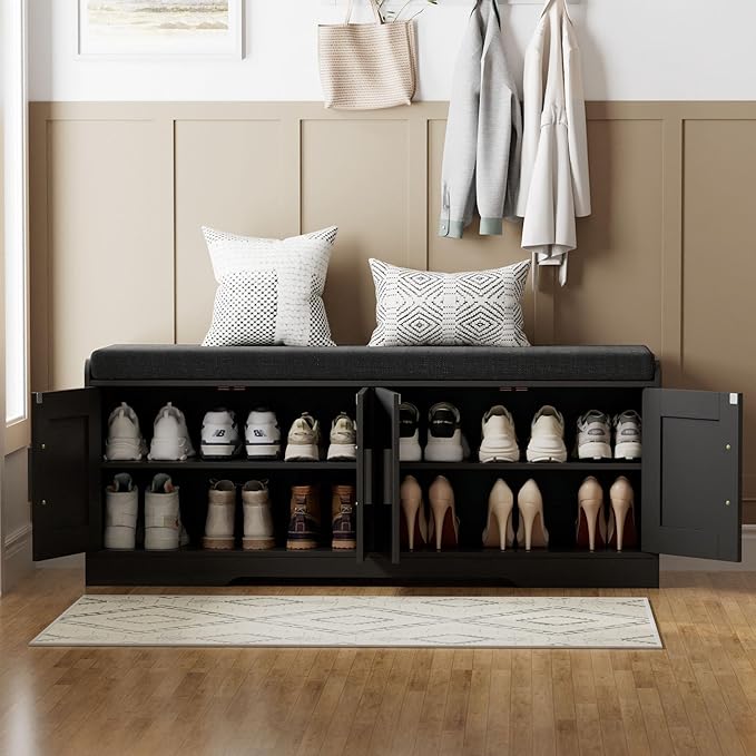 2-Tier Storage Bench, Shoe Bench with Thickened Padded Seat Cushion, Entryway Bench with 4 Doors, Adjustable Shelf, 13.8" D x 45.3" W x 18.5" H, for Entryway, Living Room, Bedroom, Black-PawvioPets