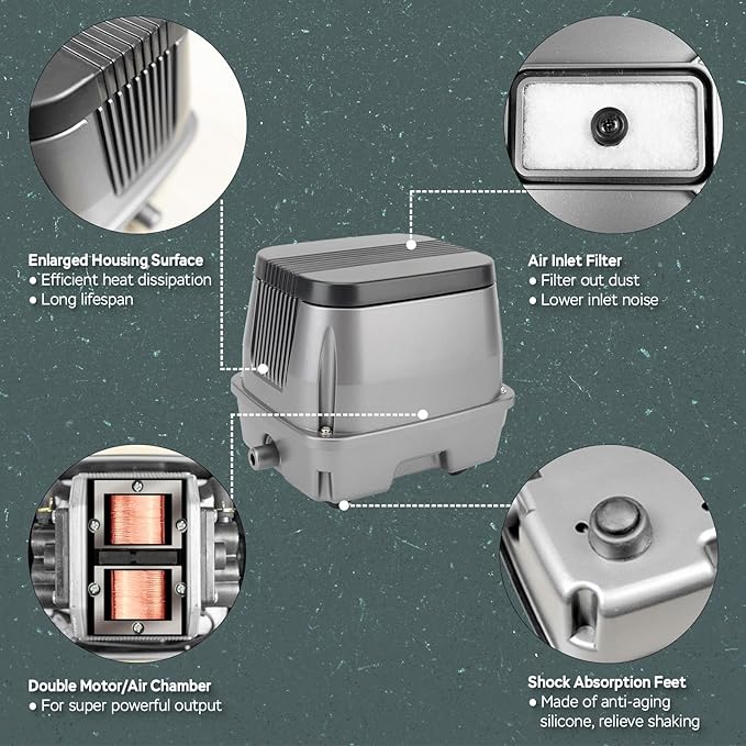 AquaMiracle Linear Air Pump ZP-40/ZP-60/ZP-100/ZP-200 for Pond Aeration, 635/950/1600/4000GPH Septic Air Pump Pond Aerators for Outdoor Ponds, Waste Treatment, Aquarium, Fish Farm, Seafood Restaurant-PawvioPets