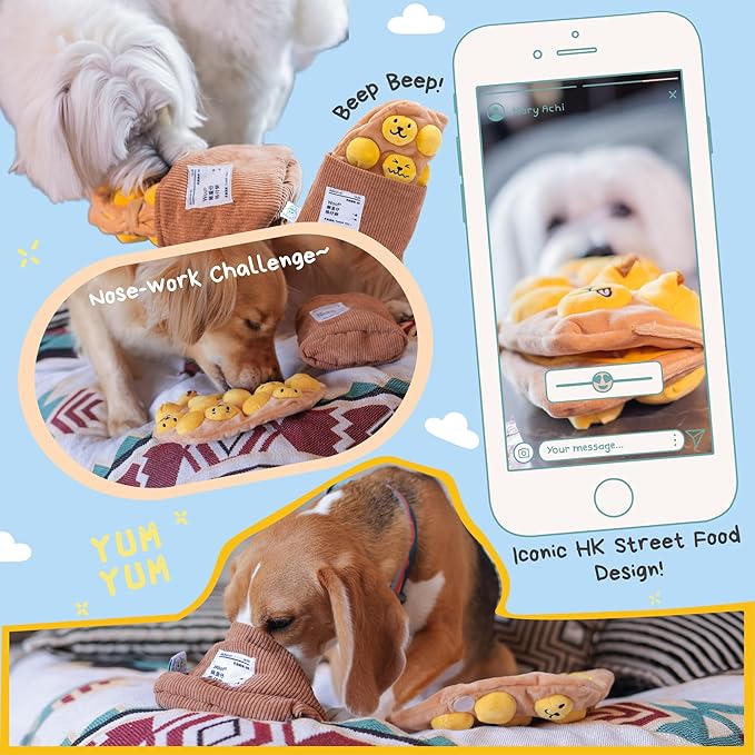 Egg Puff/Waffle 2-in-1 Nose-Work Soft Plush Squeaky Dog Toy - Durable, Cute & Fun HK Gift for Interactive Bonding Time, Hide Chew Sticks & Food for Puzzle Play, Small Medium Dogs-PawvioPets