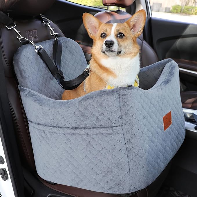 Dog Booster Car Seat for Dogs under 35lbs,Elevated Pets Seat with Safety Strap,Ultra Soft Fabric and Memory Foam Car Dog Bed,Safety,Comfy,Non-Slip&Washable Carseat Cushion for Travel,Cars,SUV.(H-Grey)-PawvioPets