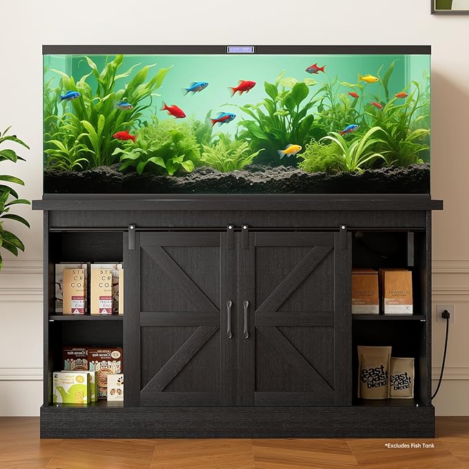 Fish Tank Stand Up to 75 Gallon, Aquarium Stand with Sliding Barn Doors & Power Outlet, Black Farmhouse Style Stand with Cabinet Storage for Fish Tank, Turtle Tank, Reptile Terrarium,1000LBS Capacity-PawvioPets