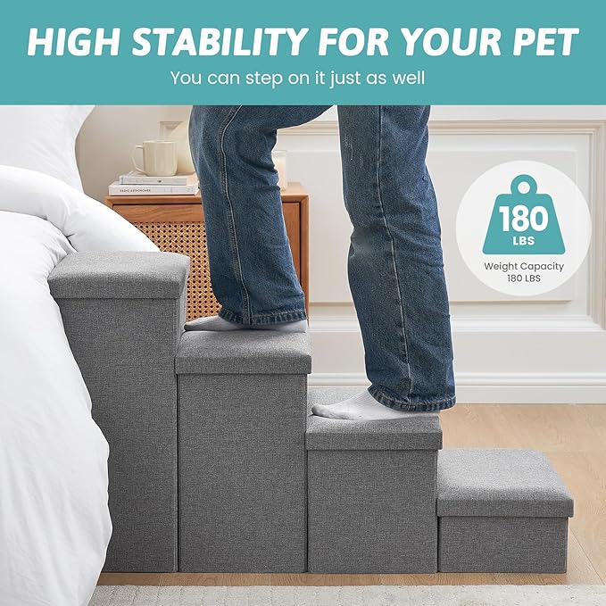 Dog Stairs with Storage, 3-Step Wider Sturdy Dog Steps for Small/Medium/Large Dogs and Older Cats, Folding Doggie Ramp for Bed/Couch/Car Hold Up to 180 lbs (16.7" H, Grey)-PawvioPets
