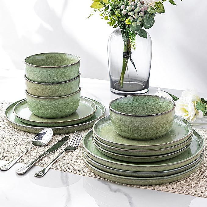 GBHOME Ceramic Dinnerware Sets for 8, 24 Pieces Stoneware Plates and Bowls Sets, Scratch Resistant Dishes, Dishwasher & Microwave Safe-Pastel Green-PawvioPets