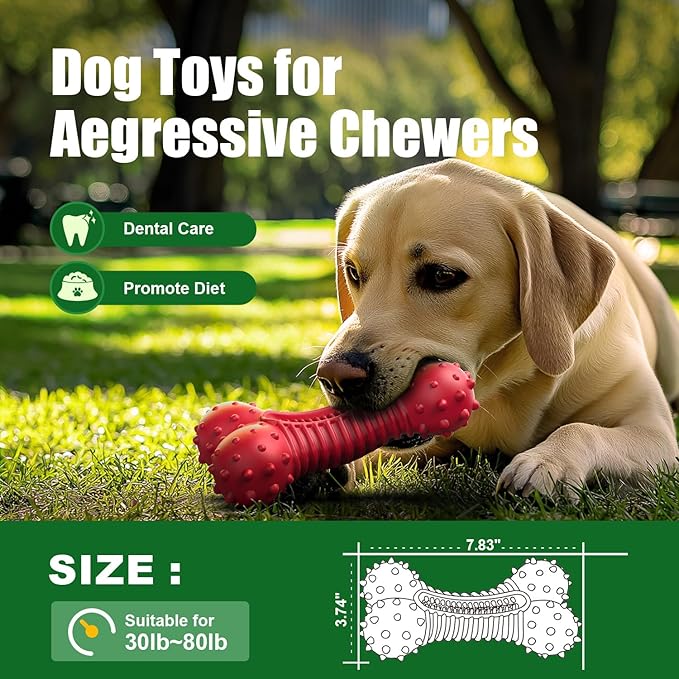 Dog Toys for Aggressive Chewers, Dog Chew Toys for Medium Large Dogs, Durable Natural Rubber Dog Toys with Bacon Flavor, Indestructible Dog Toy, Red-PawvioPets
