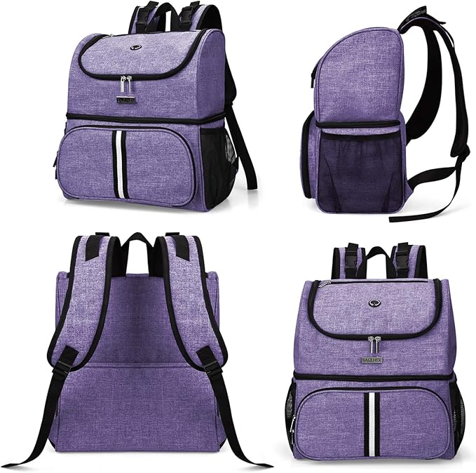 BAGLHER Pet Travel Bag, Double-Layer Pet Supplies Backpack (for All Pet Travel Supplies), Pet Travel Backpack with 2 Silicone Collapsible Bowls and 2 Food Baskets Purple-PawvioPets