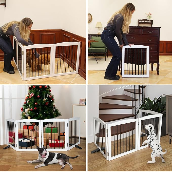 Freestanding Panel Gate for Indoor Doorways, Stairs, or Hallways, Foldable Wooden Gate for Dogs, Support Feet Included, 24" Height - 2 Panels, White-PawvioPets