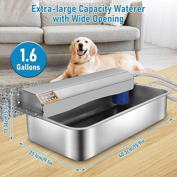 6L Automatic Dog Water Dispenser Bowl for Large Dogs, 304 Stainless Steel Wall Mounted Pet Waterer with Float Valve, Self-Filling Outdoor Water Trough for Pets/Livestock-PawvioPets