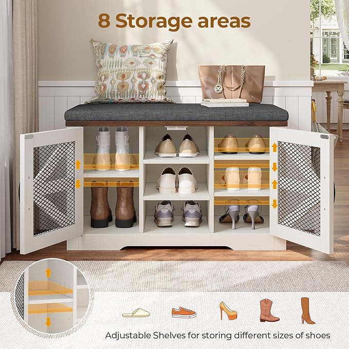 Farmhouse Storage Bench with Cushion, Metal and Wood Shoe Rack Organizer, Adjustable Shelf, Shoe Cabinet with Half Hidden Storage Space, for Entryway, Bedroom, Living Room (Old White, 31.4in)-PawvioPets