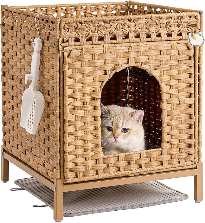 Cat Litter Box Enclosure Hidden Litter Box Furniture with Metal Heightened Feet, Rattan Handwoven Cat House with Litter Mat, Hidden Litter Box Furniture for Bedroom Living Room Natural-PawvioPets
