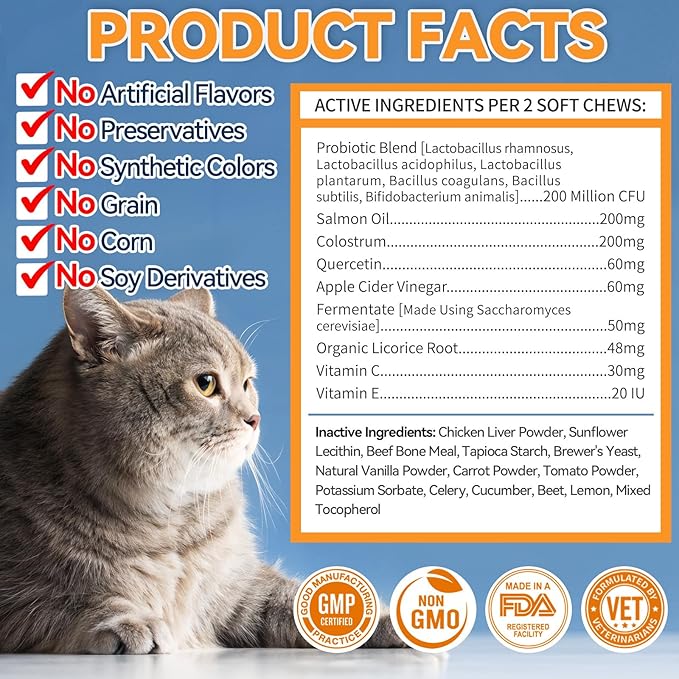 Cat Allergy Relief Chews 200 pcs - Cat Itchy Skin & Paw Licking Relief - Omega 3 & Probiotic for Cats - Anti-Itch Relief for Skin & Coat Health, Immune Support, Seasonal Allergies - Chicken Flavor-PawvioPets