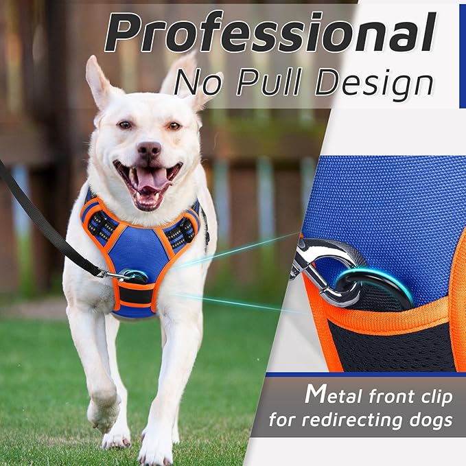Eagloo Dog Harness for Large Dogs, No Pull Service Vest with Reflective Strips and Control Handle, Adjustable and Comfortable for Walking, No Choke Pet Harness with 2 Metal Rings, Blue & Orange, XL-PawvioPets