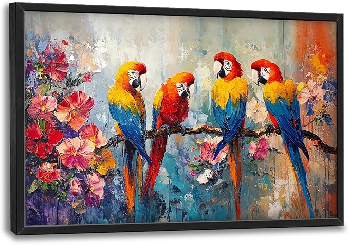 Extra Large Framed Parrot Bird Wall Art,Oversized Abstract Colorful Parrots Flower Wall Decor Pictures for Living Room,Canvas Print Painting Modern Artwork Bedroom Office Bathroom Home Decor 36L x24W-PawvioPets