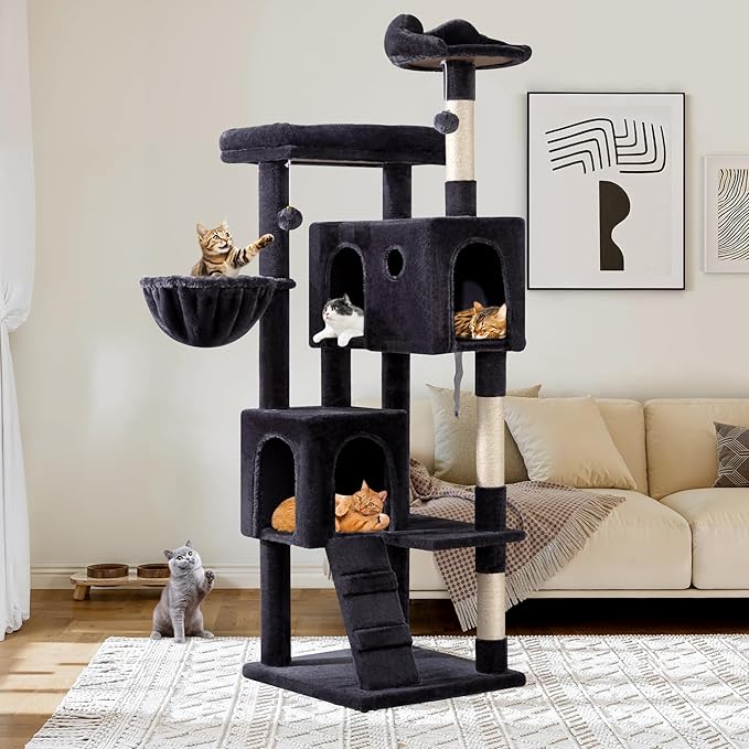 Allewie 64 Inches Cat Tree Tower/Multi-Level Activity Center for Indoor Big Felines/2 Plush Condos/2 Perchs/Basket/House/Sisal Scratching Posts/Hanging Cat Toys/Dark Grey-PawvioPets