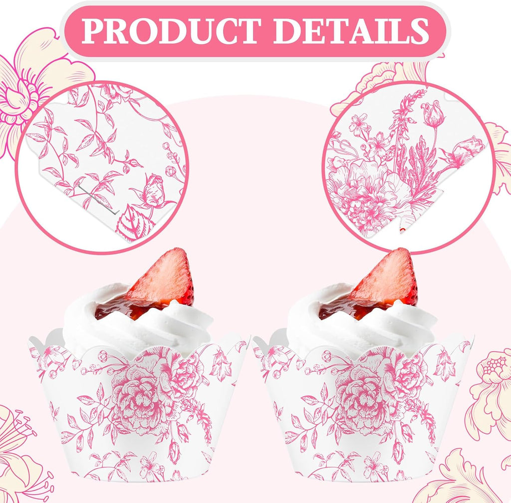 Domensi 100 Pcs Pink Floral Cupcake Wrappers Rustic Cupcake Liners Pink Baking Cups Flower Baking Liners for Wedding Bridal Baby Shower Birthday Party Supplies Dessert Decoration