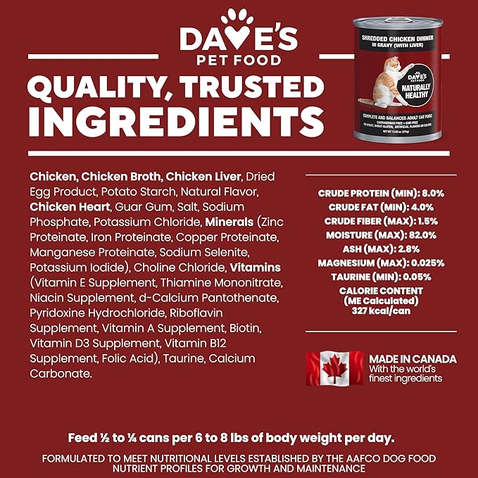 Dave's Pet Food Grain Free Wet Cat Food (Shredded Chicken in Gravy), Made in Canada Naturally Healthy Canned Cat Food, 13.2 oz (12 Pack)-PawvioPets