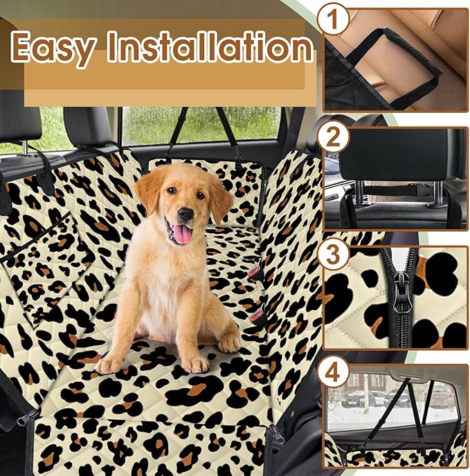 Dog Car Seat Cover, Durable Waterproof Scratch Proof Nonslip Dog Hammock, Back Seat Covers with Pocket for Cars SUVs and Trucks - S, Leopard/Black-PawvioPets