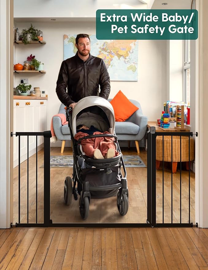 BABELIO 36-57" Extra Wide Baby/Dog Gate, Auto Close for The House, Stairs and Doorways, Pressure Mounted for Pet with Large Walk Thru Door, No Need Tools and Drilling, Black-PawvioPets