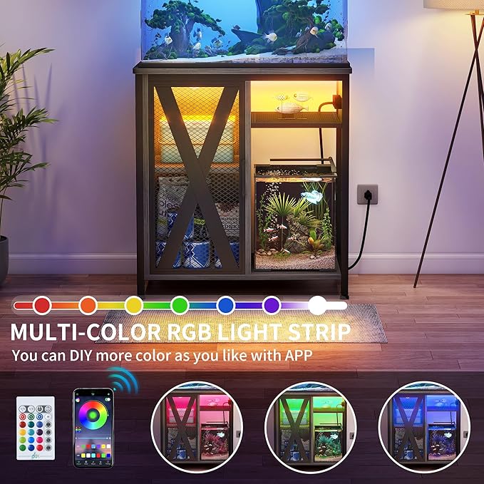 DWVO 20-29 Gallon Aquarium Stand with Power Outlets & LED Light, Cabinet for Fish Tank Accessories Storage - Metal Fish Tank Stand Suitable for Turtle Tank, Reptile Terrarium, 350LBS Capacity, Grey-PawvioPets