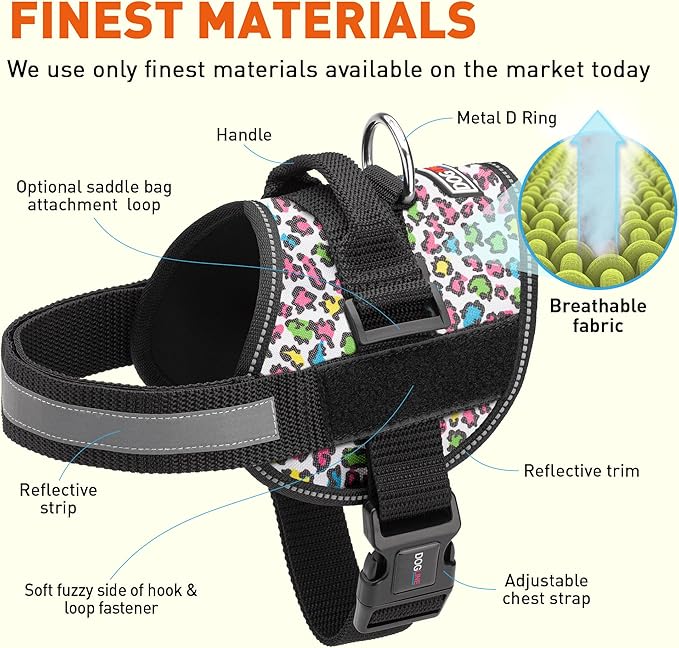 Dogline Dog Harness, Reflective No-Pull Adjustable Vest with Handle for Walking, Training, Breathable, No - Choke Harness for Small, Medium or Large Dogs Room for Patches Leopard Rainbow XS 15"-18"-PawvioPets