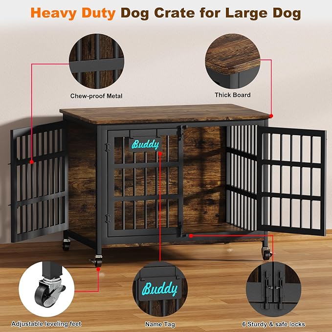 EasyCom 41"/33"/27" Dog Crate Furniture with Name Tag, Heavy Duty Dog Kennel Indoor for Medium Dogs, Double-Doors Sturdy Metal Dog Cage for Anxiety Dog, Decorate House as TV Stand, End Table-PawvioPets