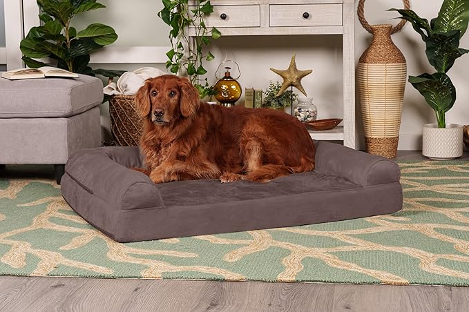 Furhaven Orthopedic Dog Bed for Large Dogs w/ Removable Bolsters & Washable Cover, For Dogs Up to 95 lbs - Faux Fur & Velvet Sofa - Driftwood Brown, Jumbo/XL-PawvioPets