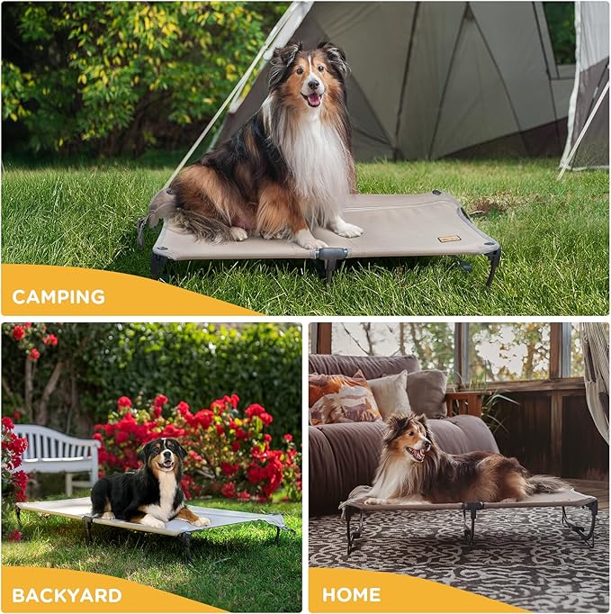 Daisy Cot, Medium Foldable Elevated Dog Bed, Portable Raised Outdoor Folding Dog Cot, Cooling, Chew Proof, Waterproof, Heavy Duty Up to 160 lbs for Camping/Home, Brown, 32"x 19"x6"-PawvioPets