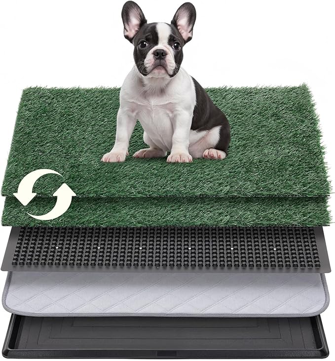 Dog Grass Pad with Tray, 30"x20" Medium Grass Pad for Dogs Potty with 2pcs Artificial Grass, Indoor Dog Litter Box for Balcony Apartment, Realistic, Washable, Less Odor-PawvioPets